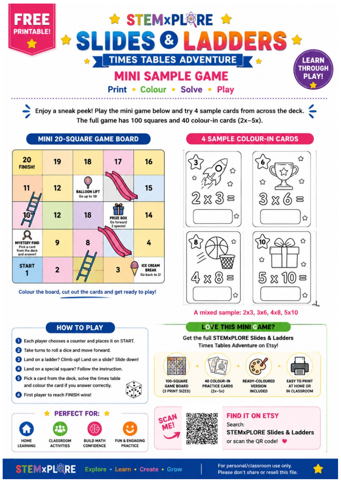 Preview of the STEMxPLORE Slides and Ladders Times Tables Adventure mini sample printable