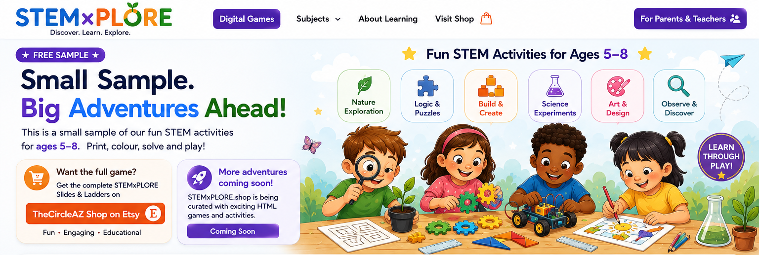 STEMxPLORE Digital Learning Games banner featuring Periodic Table Explorer, Taxonomy Explorer and Amazing Magnets.